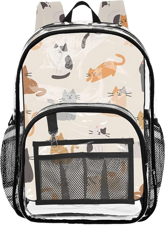 Bolaz Clear Backpack for School Cats in Different Poses Pattern Transparent Bookbag for Girls See Through PVC Boy Backpacks