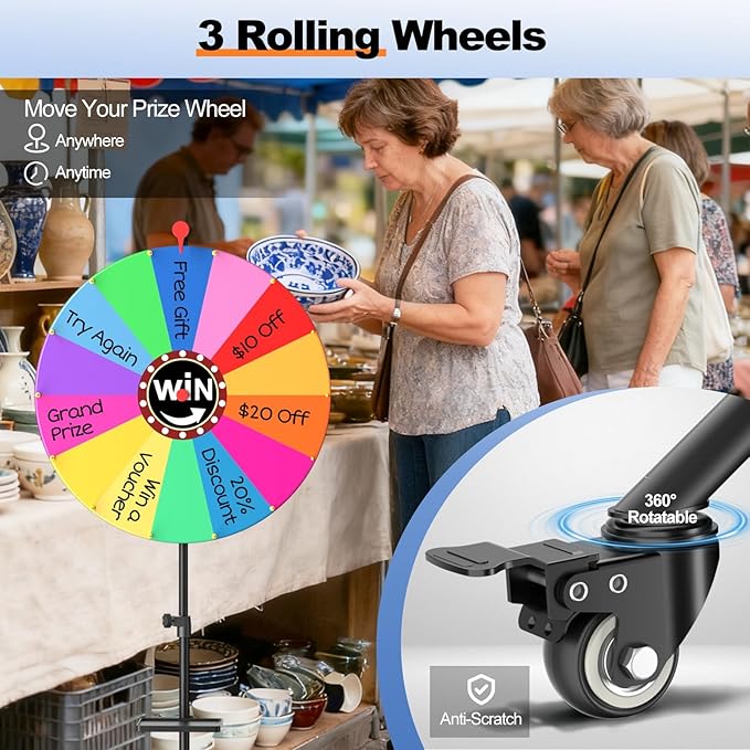 EMART 24-inch Spinning Prize Wheel, 14 Colors Adjustable 34"-60" Spin Doodle Game Spinner with Folding Tripod Stand for Party, Trade Show, Family with Portable Bag