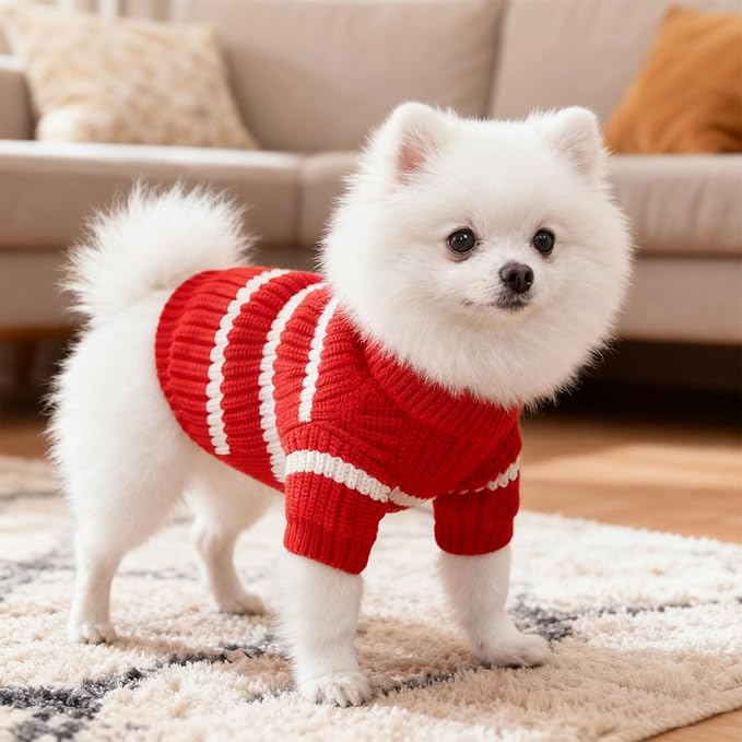 XS Dog Sweater with Cute Pocket, Striped Soft Stretchable Warm Puppy Clothes for Small Dogs Cats, French Bulldog, Chihuahua for Winter(red,X-Small)