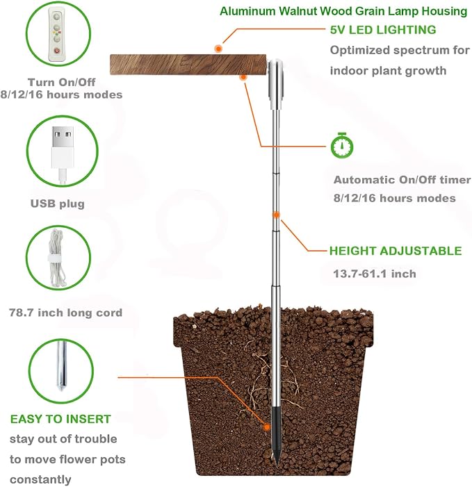 Plant Grow Light, LED Growing Light Full Spectrum for Indoor Plants,Aluminum Walnut Wood Grain Plant Lights,Height Adjustable, Automatic Timer, 5V Low Safe Voltage,Idea for Large Plant Light，