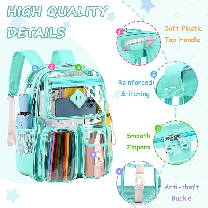 PIG PIG GIRL Clear Backpack for School,Heavy Duty PVC Transparent Bookbag for Girls Stadium Approved See Through Backpack