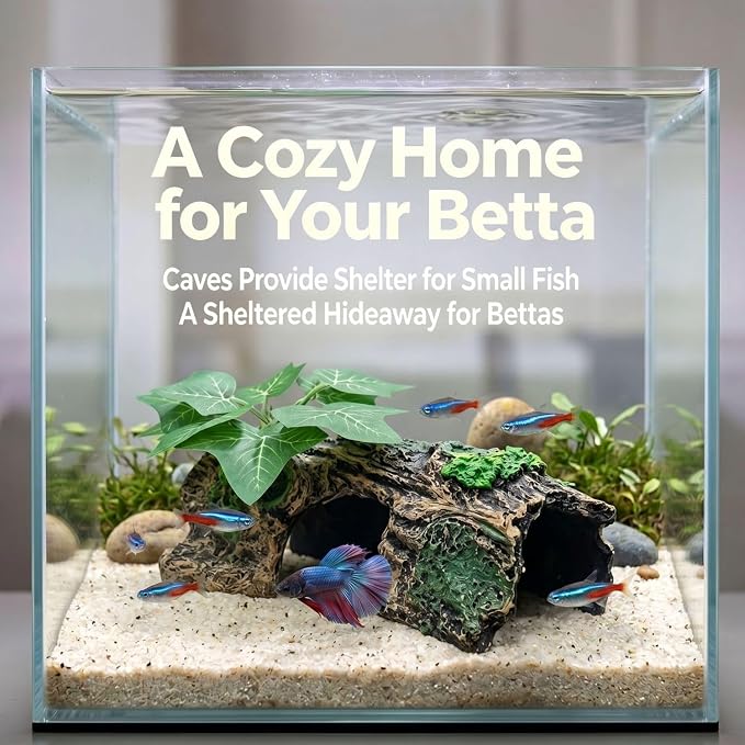 Aquarium Decor, Betta Fish Tank Accessories, Reptile Hide | Simulated resin hollow hideout gives small fish, shrimp and reptiles a cozy place to hide and rest