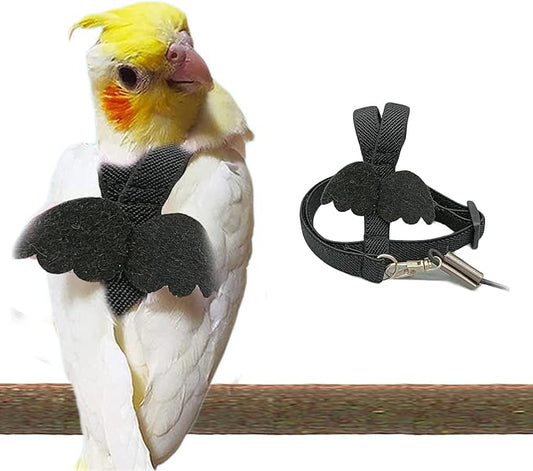 Parrot Harness Adjustable Bird Harness Flying Rope Strap Outdoor Training Traction Rope for Small Parrots Anti-Bite,Bird Nylon Rope with Cute Wing (Black)