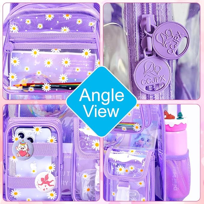 CCJPX 3Pcs Clear Backpack for Girls, School Transparent Bookbag, Heavy Duty See Through Backpacks for Teens Elementary