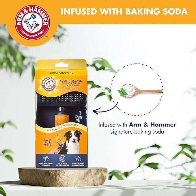 Arm & Hammer Deodorizing Slicker Brush for Dogs, Fragrance Transfer Technology with Baking Soda, Self-Cleaning Button, Removes Loose Fur & Tangles, Dog Grooming Brush, Sweet Lily & Vanilla - 2 Pack
