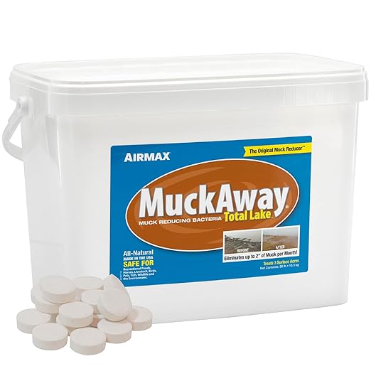 Airmax MuckAway, Natural Pond Muck Remover, Cleans & Clears Away Muck & Sludge, Easy to Use Bacteria & Enzyme Tablets, Safe for The Environment, Treats up to 1 Acre, 3 Month Supply, 36lbs