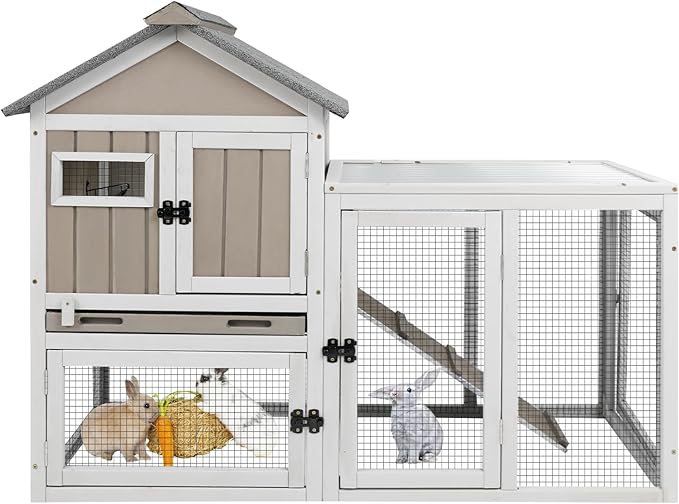 Ketive 48" L Rabbit Hutch Outdoor Indoor Bunny Hutch Weatherproof, 2-Story Wood Rabbit Cage with Deep Tray, Chew-Resistant Ramp, UV Roof, Bunny House for Small Animal, Expandable Guinea Pig Cage