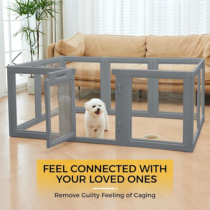 Everfront Clear Dog Play Pen - Easy Assemble Durable Plastic Acrylic Dog Playpen - Dog Playpen Indoor, Puppy Playpen, Cat Playpen, Small Animal Playpen, Dog Play Pen Indoors (Grey, 30.3" H, 10PCS)