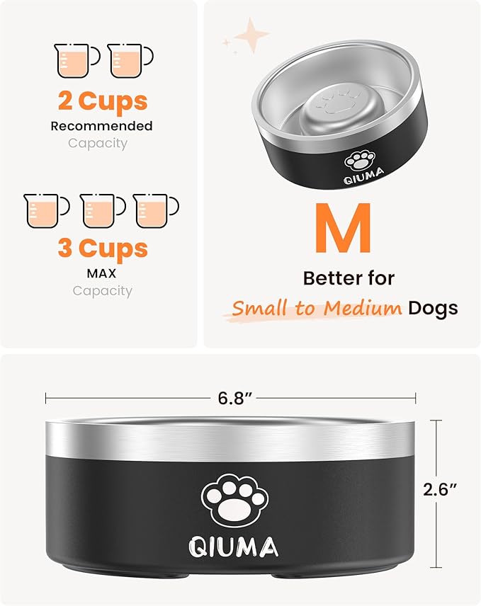 Qiuma Slow Feeder Dog Bowls Stainless Steel, Food-Grade 304 Dog Slow Feeder Bowl 2 Cups Capacity, Heavy Duty Double-Layer with Non-Slip Base, Pet Puzzle Bowl for Small & Medium Dogs (Black)