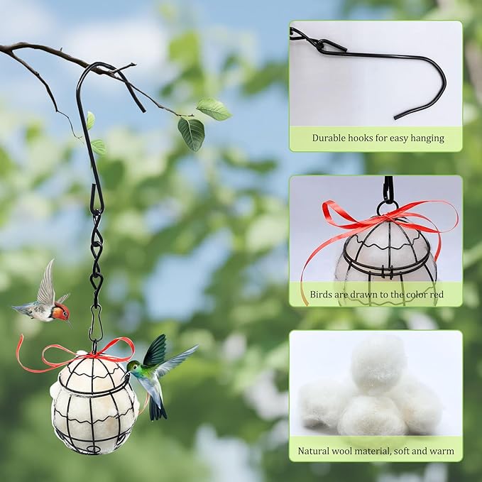 Bird Nesting Material Holder Hummingbird Nesters Natural Wool for Wild Birds Nesting Station Bird Watching Gifts for Patio Garden Outdoor