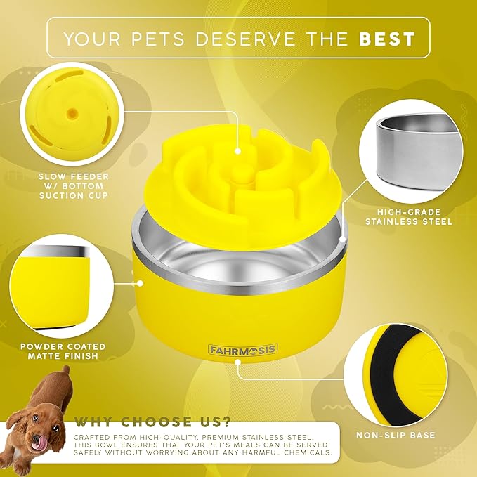 FAHRMOSIS 64 OZ Dog Bowl with Slow Feeder Insert Stainless Steel Pet Water Bowl for Medium & Large Breed Non Slip Rubber Base & Plastic Puzzle Feeder - Yellow
