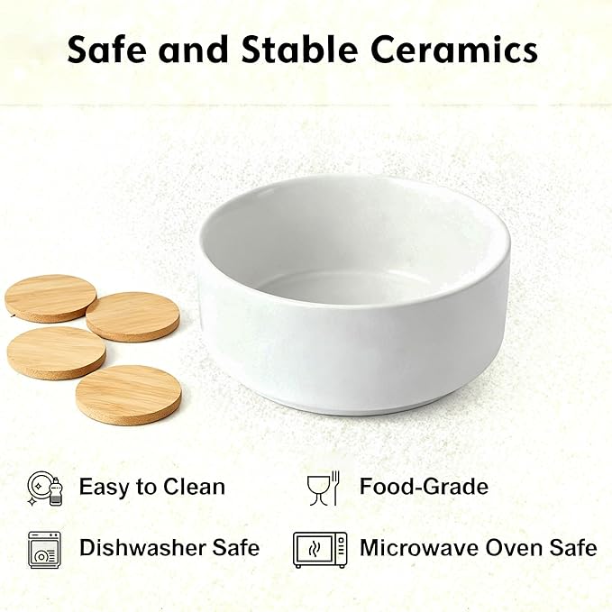 Elevated/Raised Ceramic Dog Bowl with Bamboo Stand，6 Inch 3.6 Cups Non Slip Heavy Weighted Single Pet Dish, for Small Medium Breed & Cats,Reduces Neck Strain White