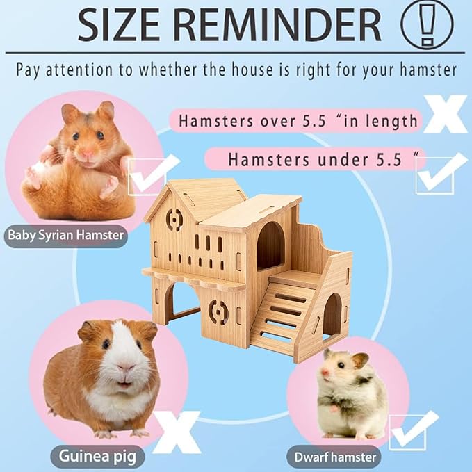 Natural Wood Hamster Habitat Hideout Cage Accessories, Maze Cabin with Fun Slide & Double-Decker House, Exercise Toys for Dwarf Hamsters, Gerbils, Mice, Other Small Animals(Only for Small Hamster B)