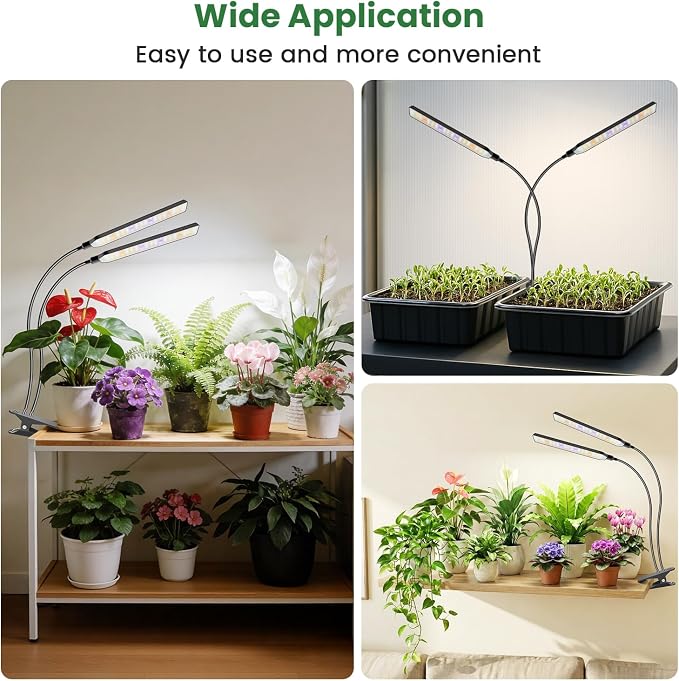 Kullsinss Clip-on Plant Lights for Indoor Growing, 114 LEDs 15W Grow Light | Black 2-Gooseneck Plant Lamp for Seed Starting, Full Spectrum Growing Lamp with Red Blue Yellow White LEDs, Timer & Dimmable