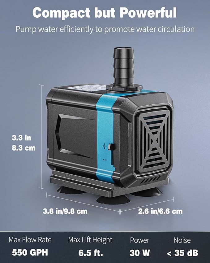 Pawfly 550 GPH Aquarium Submersible Water Pump (2000L/H, 30W) Ultra Quiet Water Fountain Pump with 6.5 ft. Lift Height Adjustable Water Pump for Fish Tanks Ponds Gardens Waterfalls Statuary and Sumps