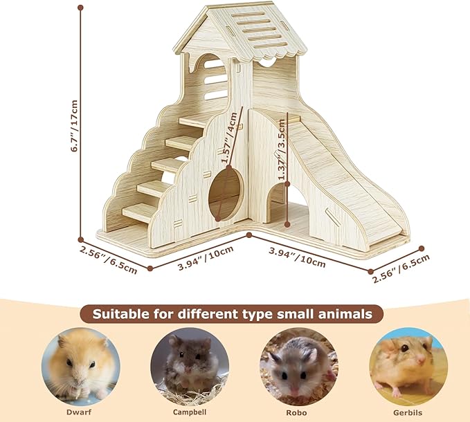 Wood Hamster Hideout House Habitat Wooden Maze Hide Hut with Climbing Ladder and Platform Cage Accessories Toys for Dwarf Gerbils Mouse Mice Rat Other Small Animals etc. (01 Right Angle House)