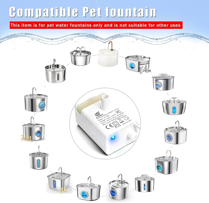 Cat Water Fountain Pump Replacement JY-830 and JY-840 Submersible Motor | (Auto Power-Off When Waterless) Fountains Pump for Stainless Steel Cats Dispensers,Ultra Quiet Dog Drinking Fountain Pump