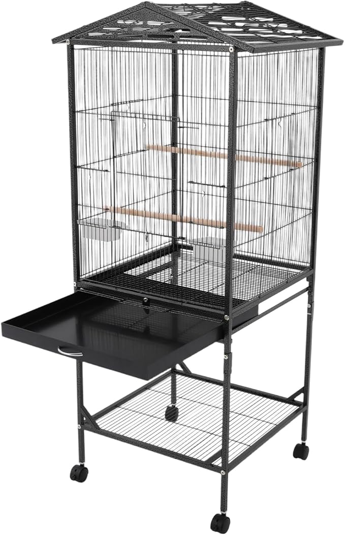 Bird Cage with Stand 54 Inch Birdcages with Pull-Out Tray, Rolling Bird Cage Stand with Wheels for Parakeets, Parrot, Cockatiel, Pigeon, Finch Cage for Birds(Black)