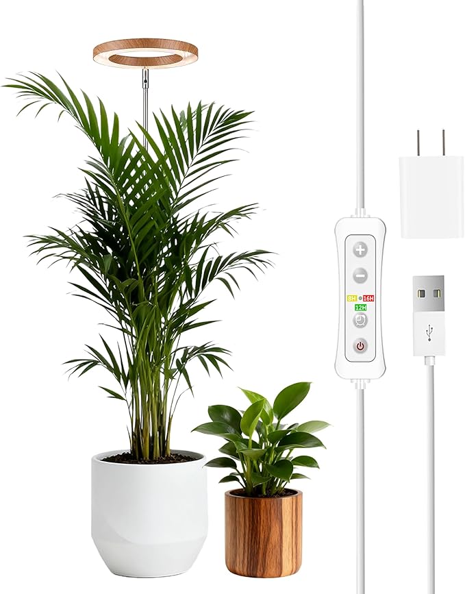 Plant Grow Light,LED Growing Light Full Spectrum for Indoor Plants,Aluminum Cherry Wood Grain Plant Lights,Height Adjustable, Automatic Timer, 5V Low Safe Voltage