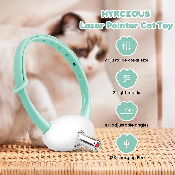 Automatic Laser Collar Cat Toy, Upgraded Laser Cat Toys, Flashing and Lasting modes, 8-12″ Bend Collar & 41°Adjust Angle free hands. Type-C USB Charge 1H and works 12H. Gifts for Ailurophile (Green)