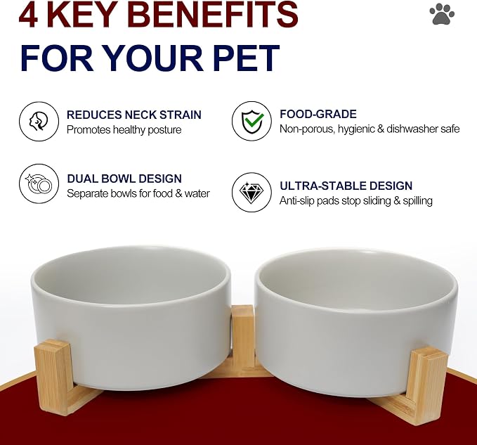 Dog Food Bowl, 28.7 oz Ceramic Food and Water Bowls for Dogs, Pet Dishes Set with Wood Stand, for Small Size Dog and Cat, No Spill Feeding Station with Weighted Base, Grey