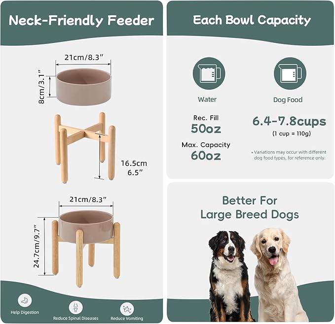 Havniva Ceramic 8.2inch Raised Dog Bowl with Stand for Large - Breed Dogs, Pet Food and Water Feeder(Single Bowl with Stand - Brown Coffee)