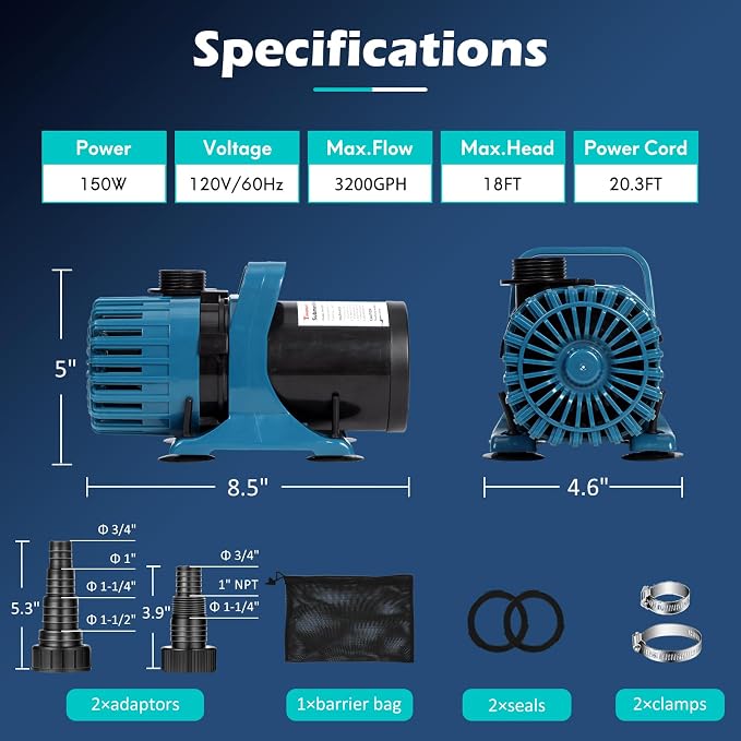 TONGCHANT 3200 GPH Pond Pump for Fish Pond Fountain & Waterfall, 18FT Lift | 150W Submersible Water Pump with 180° Rotatable Nozzle, Filter Bag & 20FT Cord, Ultra-Quiet Operation, UL listed