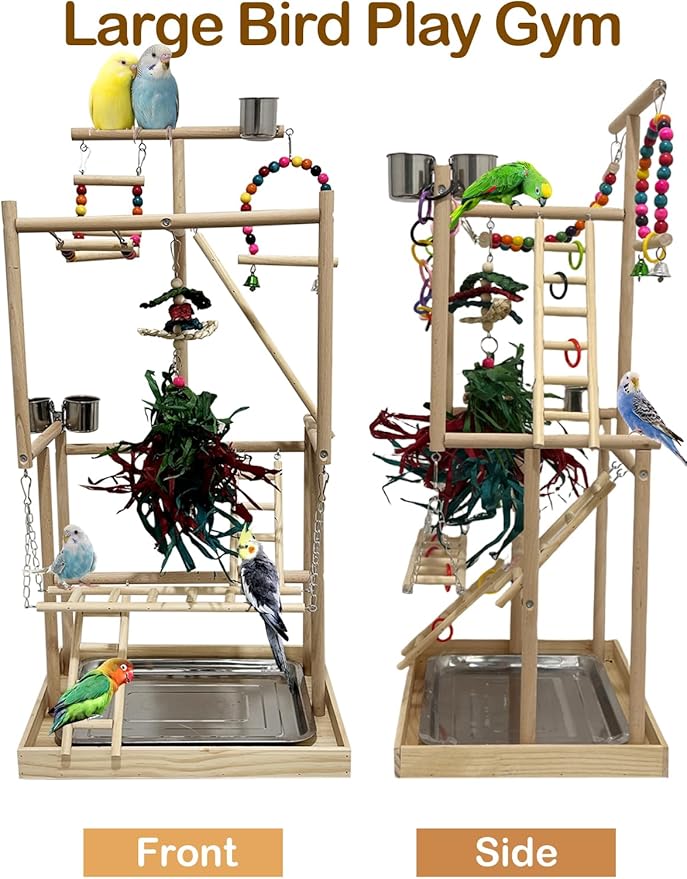 4-Tier Large Wooden Bird Playground with Trays Cups Ladder - Parrot Playstand, Birds Play Stand, Wood Perch Gym for Parrots Cockatiels - Durable Multi-Level Bird Activity Center