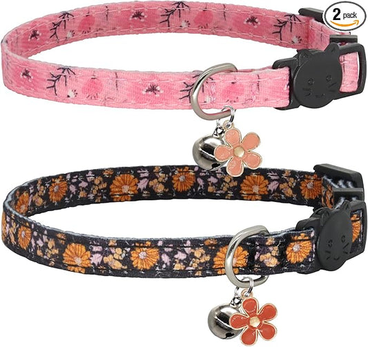 Cat Collar Breakaway, 2 Pack Cotton Kitten Collars with Bells and Removable Charms, Cute Flowers Shaped for Indoor Boy, Girl and Adult Cats
