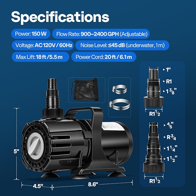 VIVOHOME 150W Pond Pump, 900-2400GPH Adjustable Flow Submersible Water Pump | Stepless Flow Control, 18ft Max Lift, 180° Seamless Adjustable Nozzle, Barrier Pump Bag, 20ft Power Cord