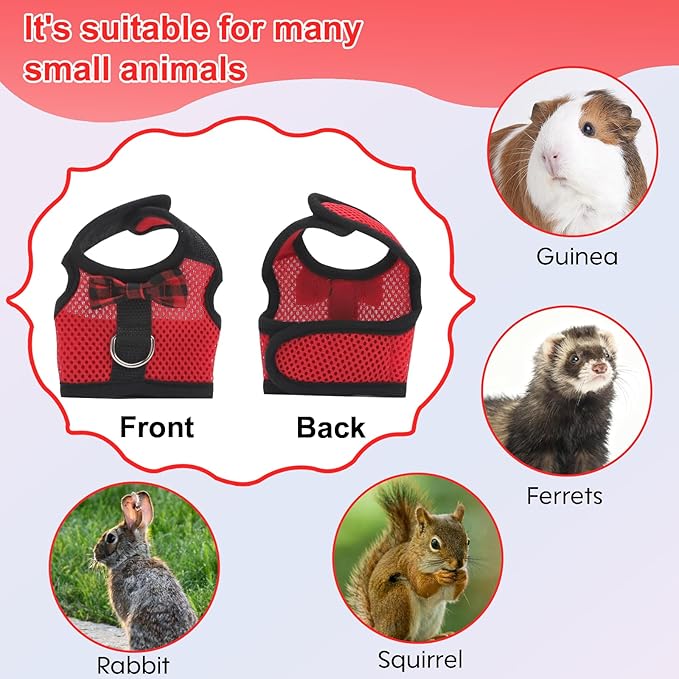 Guinea Pig Harness and Leash，2packs Guinea Pig Clothes Baby Ferret Rats Hamster Soft Mesh Harness Leash for Decoration，Hamster Harness can be Adjusted to Any Size. (Red + Grey)