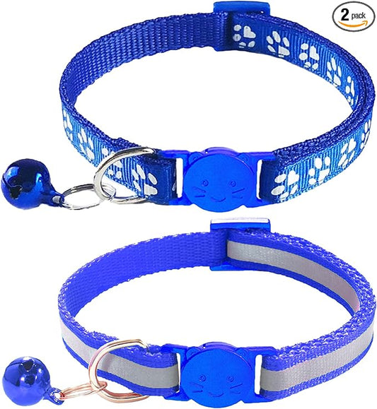 2 Pack Breakaway Cat Collars with Bells, Reflective Design and Claw Print Design, Safety Buckle, Adjustable 7.5-12.5 Inches for Kittens & Cats (Navy Blue)