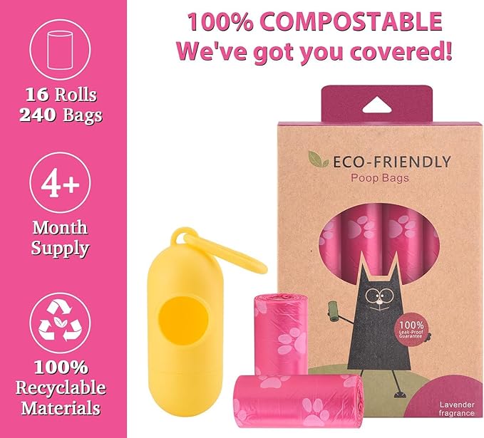 WDFAACK Biodegradable Dog Poo Bags with Holder-240 Large Poop Bags, Corn Starch Blended Compostable Bag, Extra Thick Strong Leak Proof Waste Bag for Dogs (Pink)