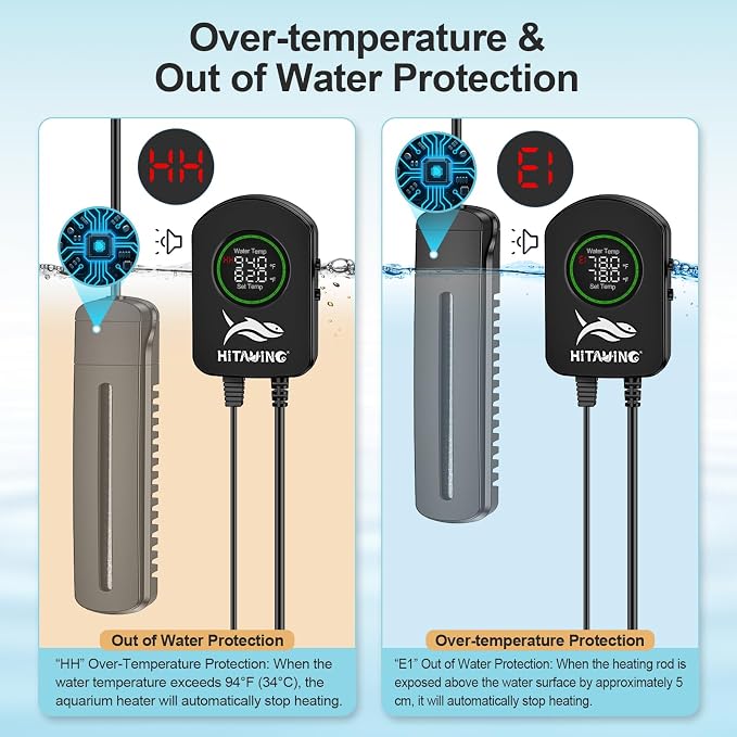 HiTauing Aquarium Heater, 100W/200W/300W/500W Fish Tank Heater with Upgraded LED Large Display, Up/Down Control Buttons and Intelligent Leaving Water Automatic Power-Off for Saltwater and Freshwater
