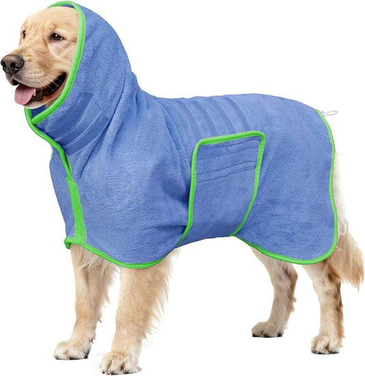 Soft Dog Bathrobe Fast Drying Dog Coat, Super Absorbent Dog Towels for After Bath, Microfiber Pet Robe Adjustable Collar & Belly Warm Keeping Dogs Coat for Pet Dogs & Cats (Blue, XX-Large)