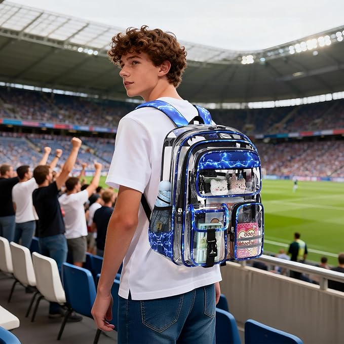 Clear Backpack for School,Transparent Backpack Stadium Events,Heavy Duty Clear Bookbag for Girls,Boys,Work,Sport Blue Lightning