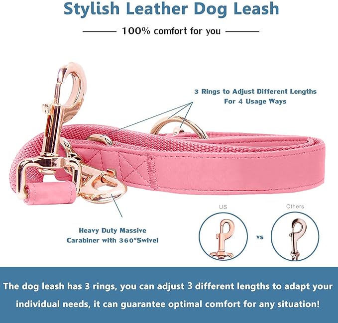 Soft Leather Dog Collar and Leash (6.6') Set - Stylish Rose Gold Heavy Duty Metal Buckle, 4 Adjustable Lengths Leash for Small Medium Large Dogs - Comfortable & Easy to Clean Dark Pink S(12.2"-16.9")
