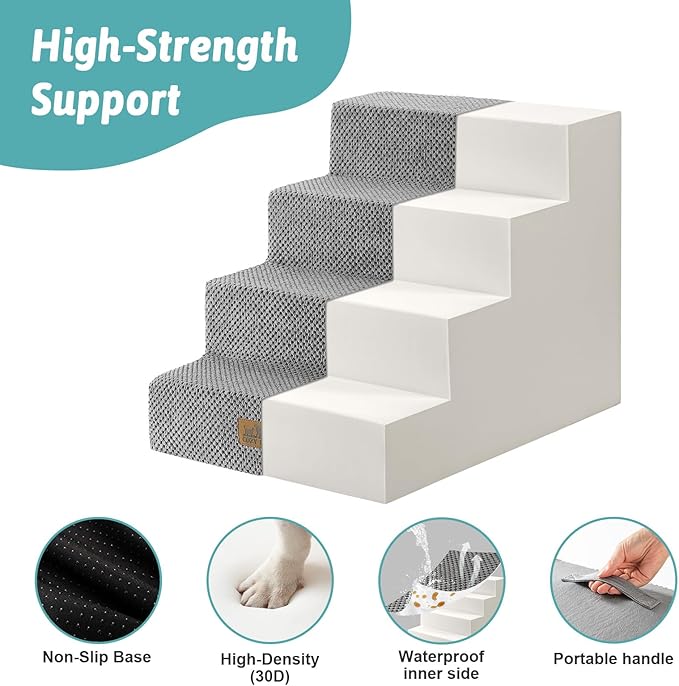 COZY KISS Dog Stairs for Small Dogs, 4 Tier Wider Pet Stairs for Couch and Beds, 17.7" H Non-Slip Dog Steps for Old Cats, Puppy, Small Medium Dogs, 17.7x23.6x17.7 inch, Grey