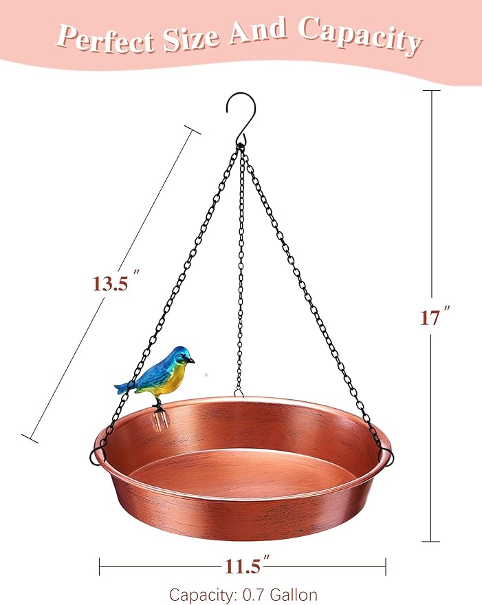Hanging Bird Bath for Outside, 11.5” Antique Copper Metal Birdbath Bowl & Feeder with Black Chain for Outdoor Garden Yard Decor (0.7 Gallon)