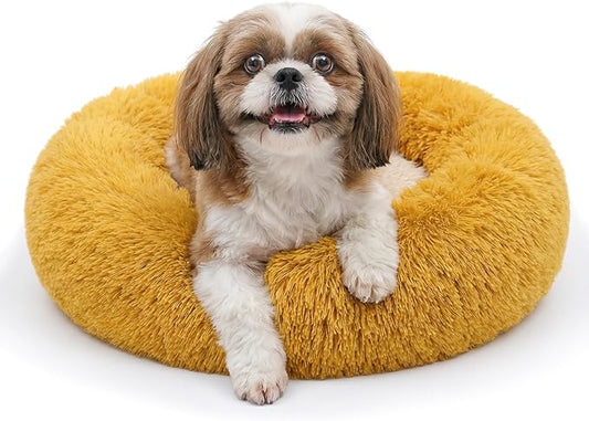 Calming Donut Dogs Beds for Small Dogs Washable,23inch Plush Round Pet Bed for Cozy Sleep,Fluffy Faux Fur Large Cat Bed,Fits up to 25 lbs Pets,Orange