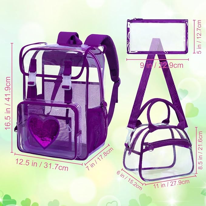 17" Sequin Clear Backpack for Girls - 3Pcs School Flip Design Stadium Approved Set, Waterproof Campus Transparent Bookbag (Pink)