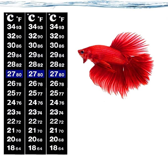 SunGrow Betta Fish Tank Thermometer Stick On, Aquarium Temperature Sticker Strip, 5.2 x 0.7 Inches, Green & Blue Temperature Indicator, Amphibian and Reptile Thermometer Sticker, Black, 3 Pcs