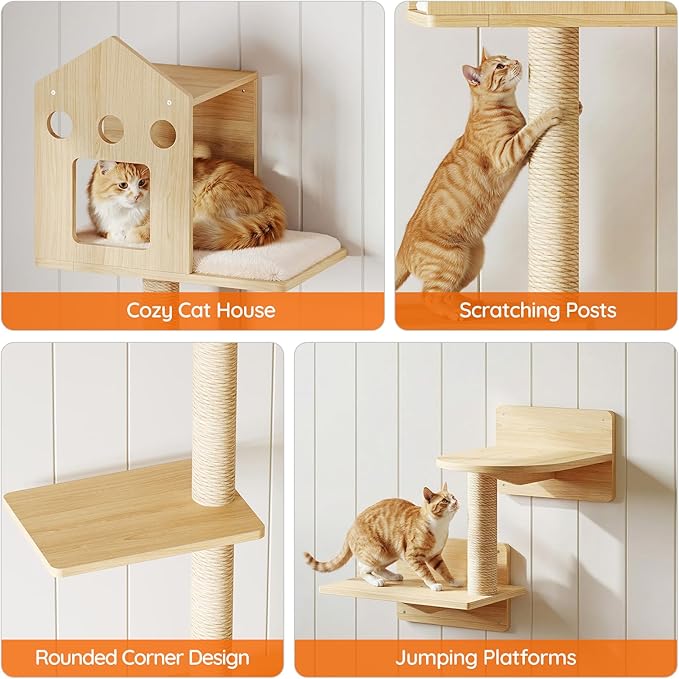 HOOBRO Cat Wall Shelves, Set of 2 Cat Wall Furniture, Wood Wall Mounted Cat Shelves with House, Steps, Scratching Posts and Perch, Space-Saving Shelves for Indoor Cats, Natural NL47CS03