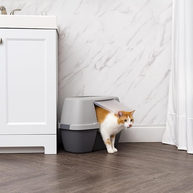 IRIS USA Cat Litter Box - Enclosed Corner Litter Box with Scoop, Hooded Litter Tray for Corners, Space-Saving Covered Litter Box, Odor Defensive, Dark Gray