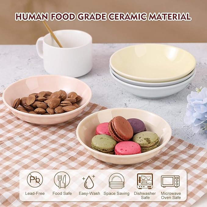 Ceramic Cat Food Bowl Set - 5.6 inch Colorful Cat Feeding Bowls with Non Slip Pads - Wide Shallow Whisker Friendly Plates Cute Dish - Microwave and Dishwasher Safe - 6 Pack - 5.3 oz