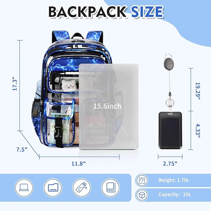 Clear Backpack for School,Transparent Backpack Stadium Events,Heavy Duty Clear Bookbag for Girls,Boys,Work,Sport Blue Lightning