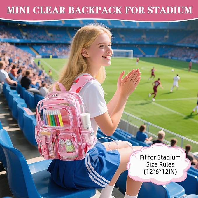 Mini Clear Backpack for Stadium Approved 12x6x12, Small Transparent Backpacks Plastic See Through Clear Bag for Kids Girls Women for Sporting Event, Concerts, Work, Festival (Strawberry)