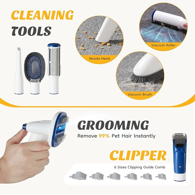 NEWBULIG 5-in-1 Pet Grooming Vacuum Kit, 2.5L Dust Cup, 3 Suction Modes and 5 Groomer Tools, Dog Clippers with Cordless Low Noise for Cats, Dogs Other Animals Hair Trimmer