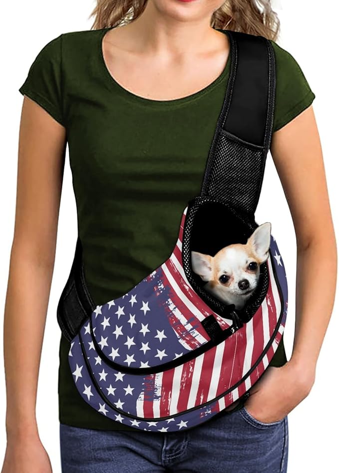 FUSURIRE American Flag Print Small Dog Sling Carrier for Small Pets, Cats and Puppies, Breathable Mesh Cute Front Pack Hands-Free Carrier Bag with Adjustable Shoulder Strap for Outdoor Travel