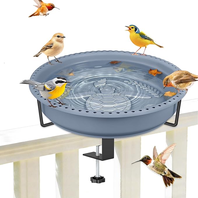 Bird Baths for Outdoors, Rustproof Metal Clamp Birdbaths & Birdfeeder with Detachable Plastic Basin, Outdoor Bird Feeding & Watering Station for Wild Birds Garden Patio Balcony (Grey)